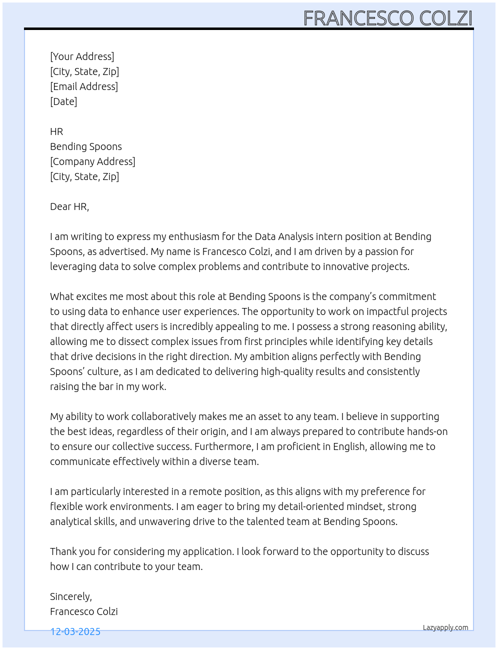 Data analysis, intern At Bending Spoons Cover Letter