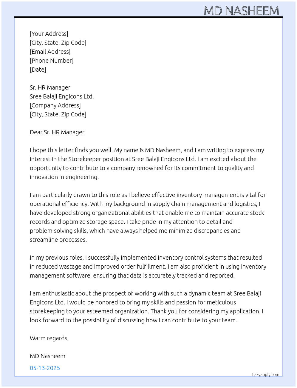 STOREKEEPER  At Sree Balaji Engicons Ltd. Cover Letter