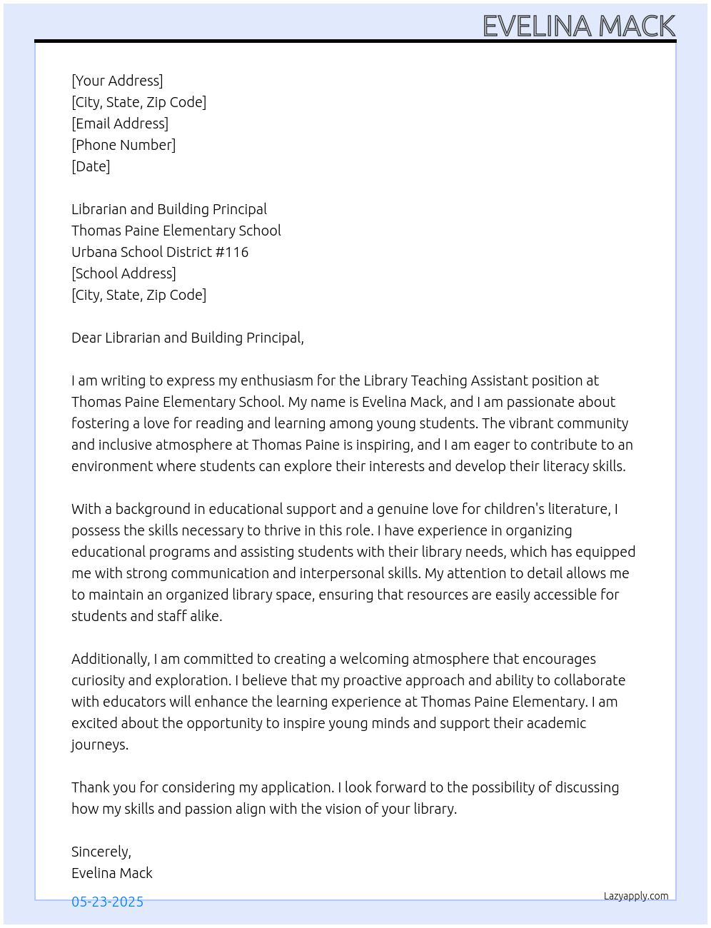 Cover letter for library teaching assistant - LazyApply