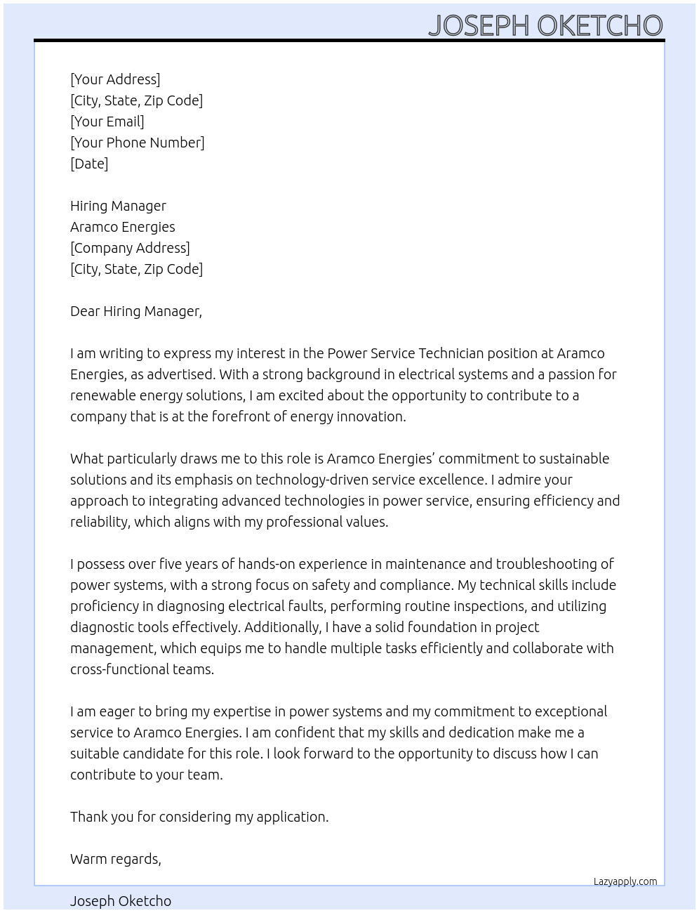 Cover letter for power service technician - LazyApply