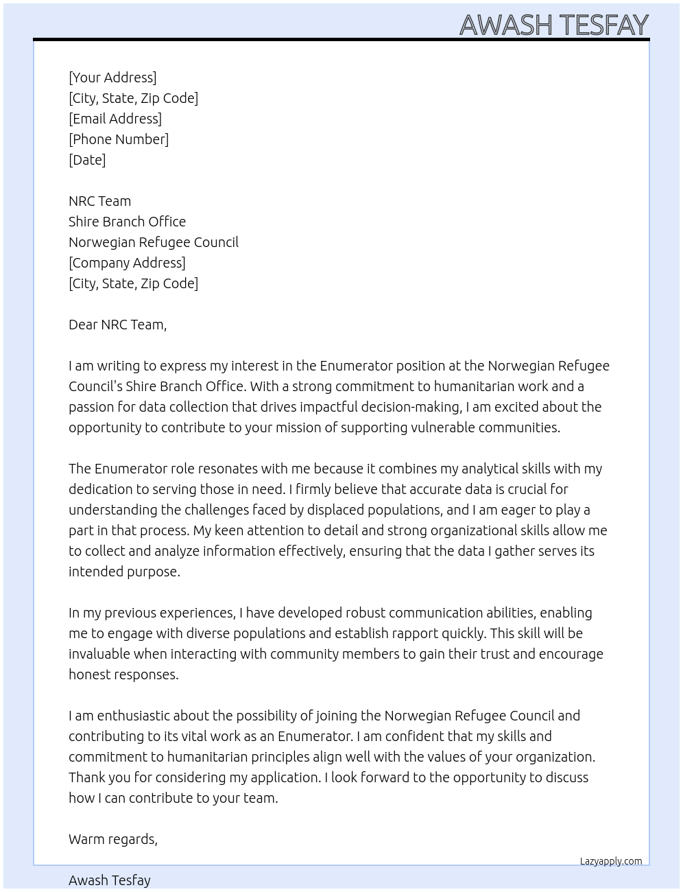 Enumerator At Norwegian Refugee Council Cover Letter