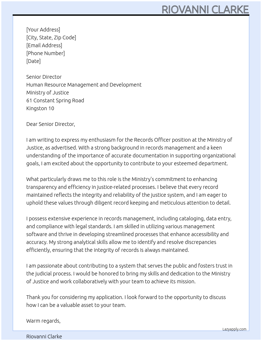 Records Officer At Ministry of Justice Cover Letter