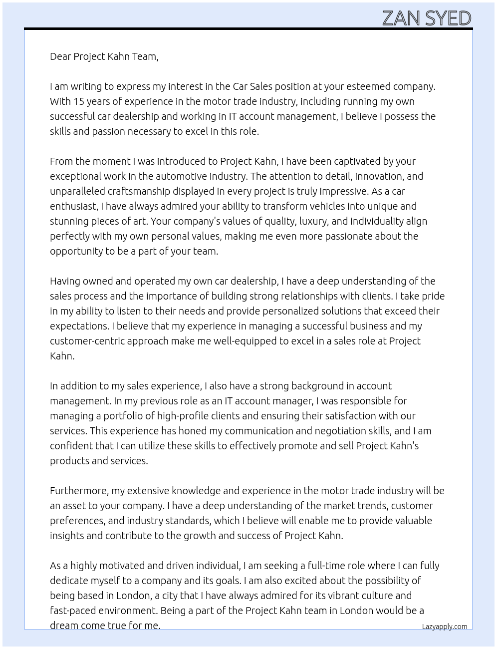 Car Sales At Project Kahn Cover Letter