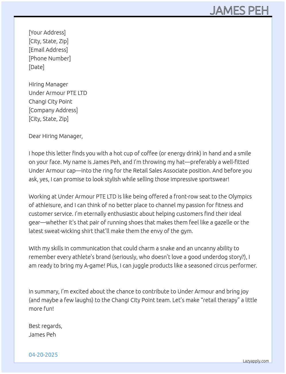 Retail Sales Associate  At UNDER ARMOUR PTE LTD Cover Letter