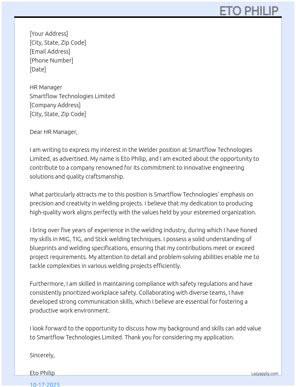 Welder At Smartflow technologies limited Cover Letter