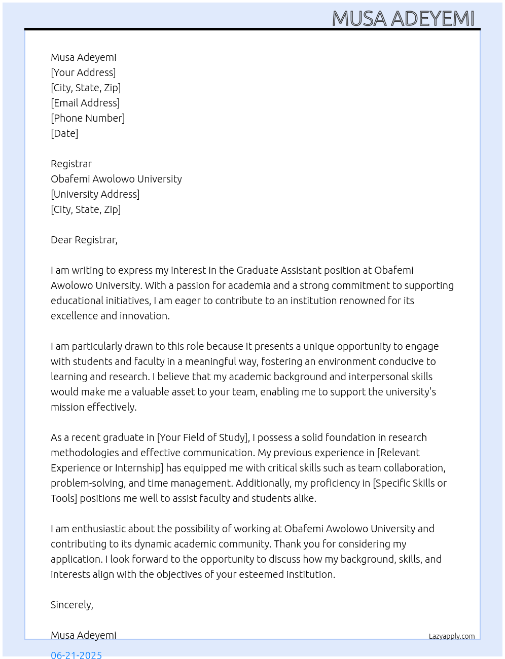 Graduate Assistant At Obafemi Awolowo University Cover Letter