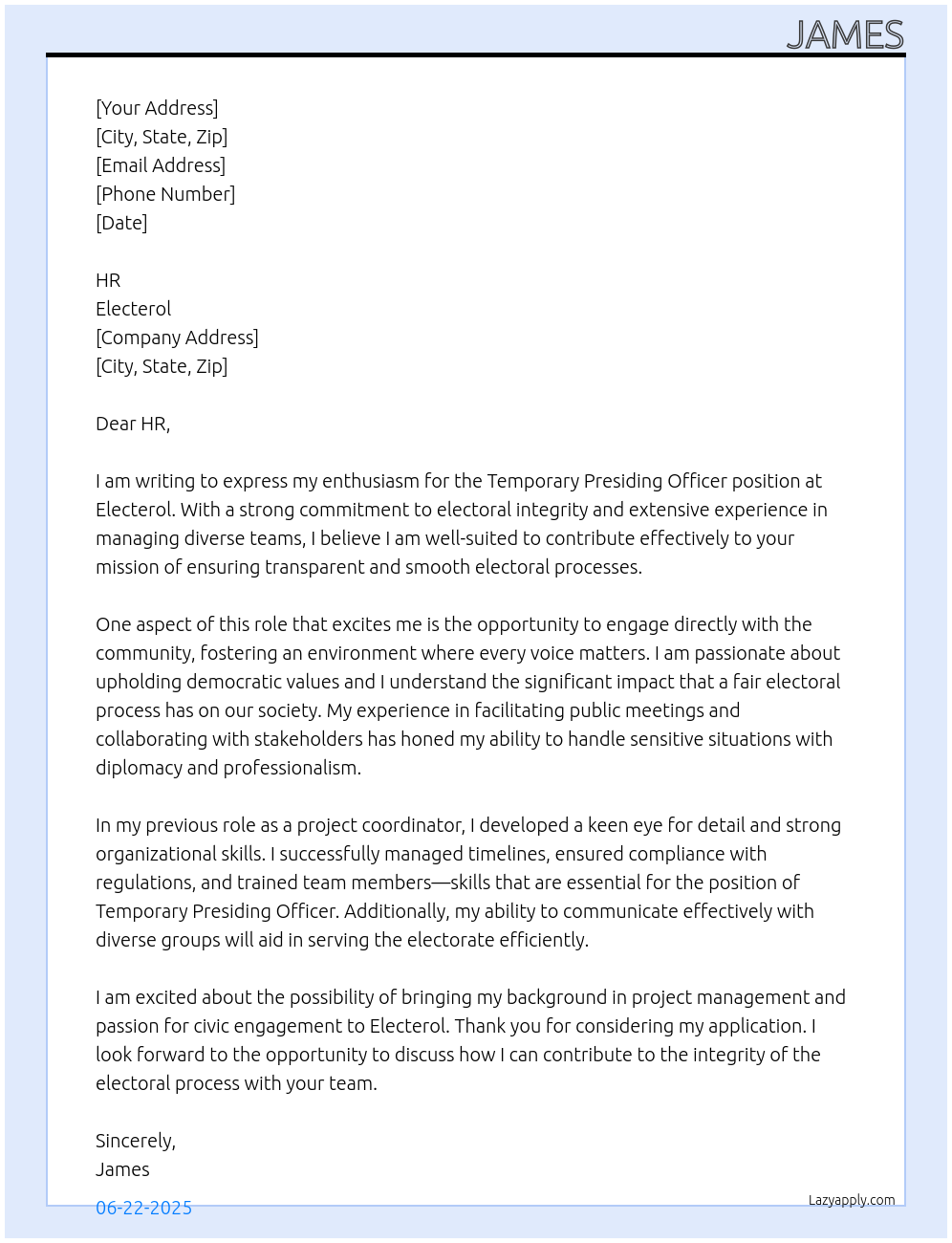 Temporary Presiding Officer At Electerol Cover Letter