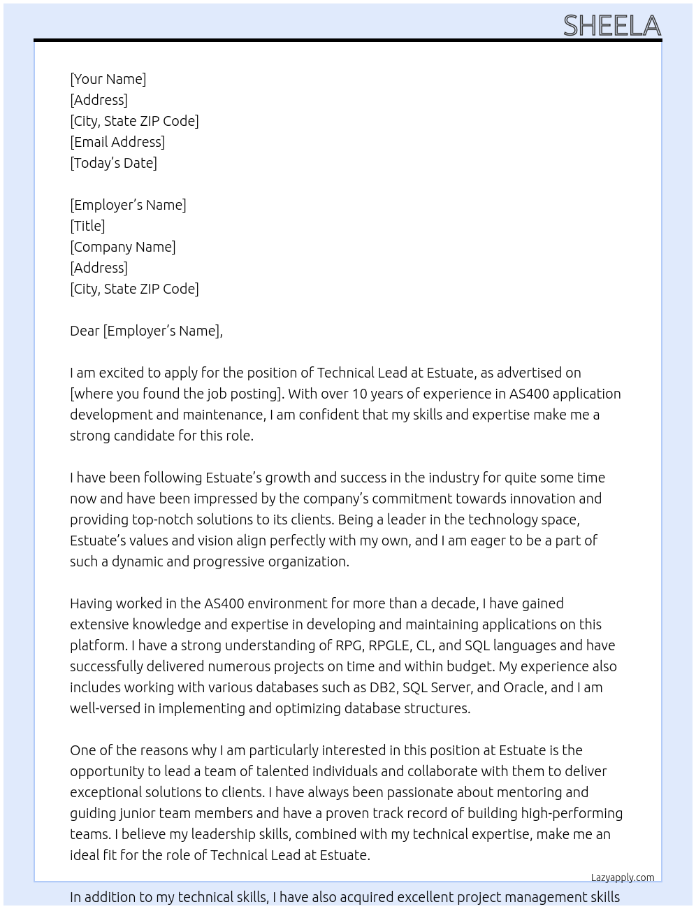 Technical lead At Estuate Cover Letter
