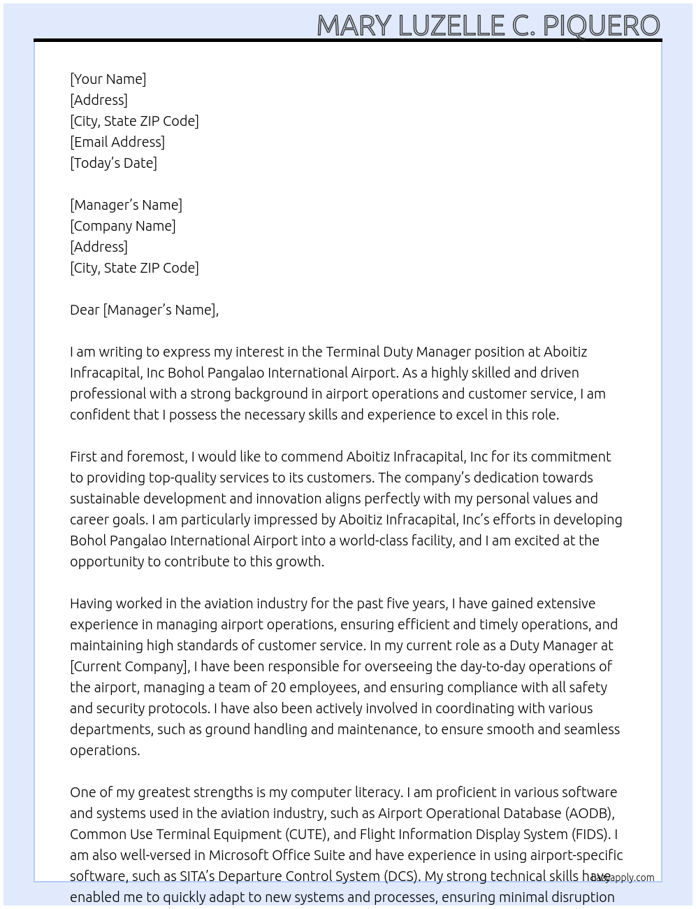 Cover letter for terminal duty manager - LazyApply