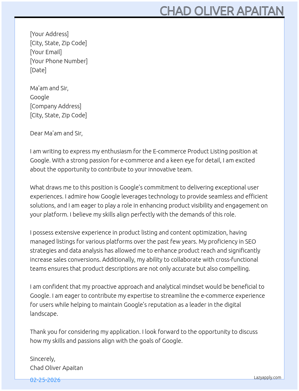 E-commerce Product listing At Google Cover Letter