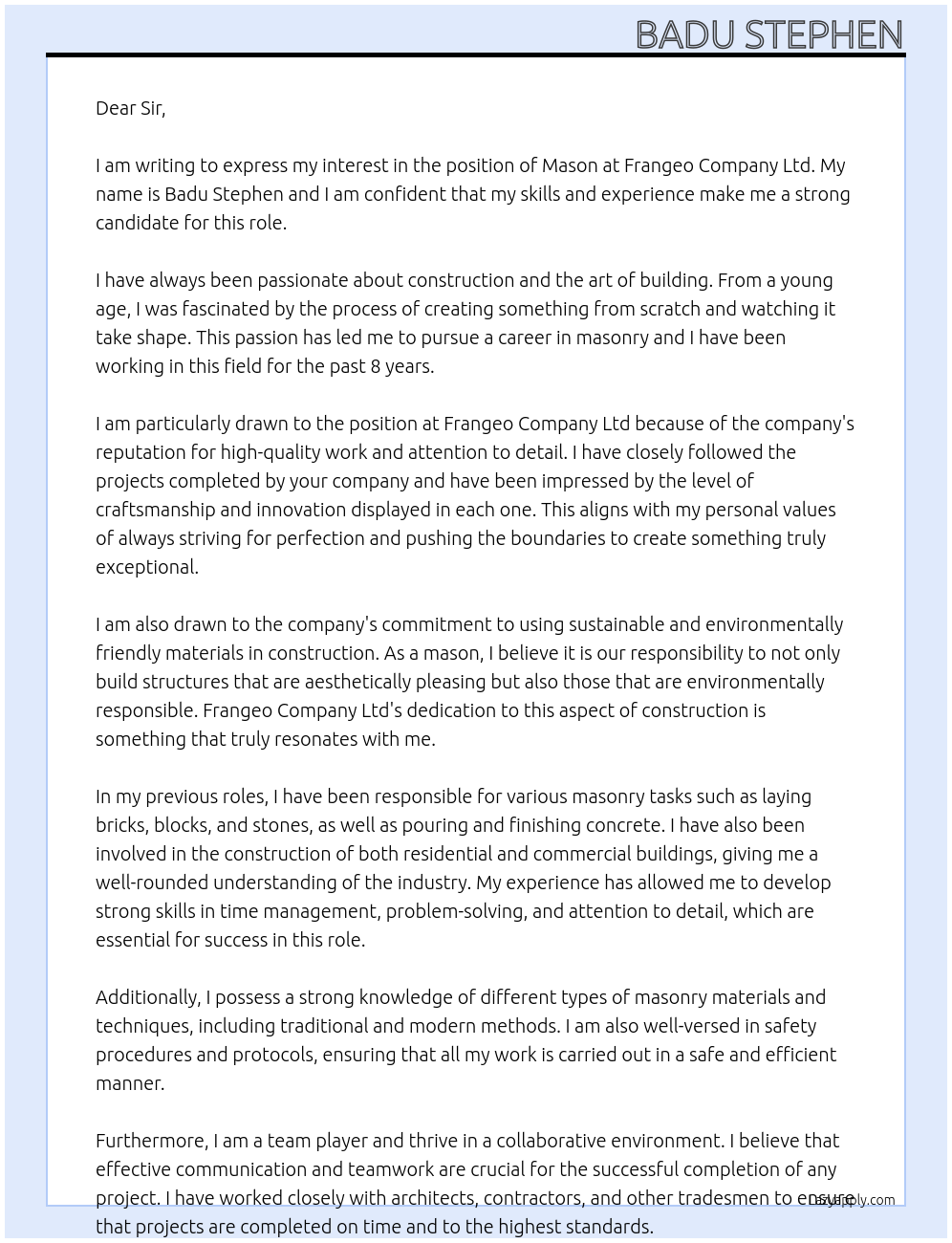 Cover letter for mason - LazyApply