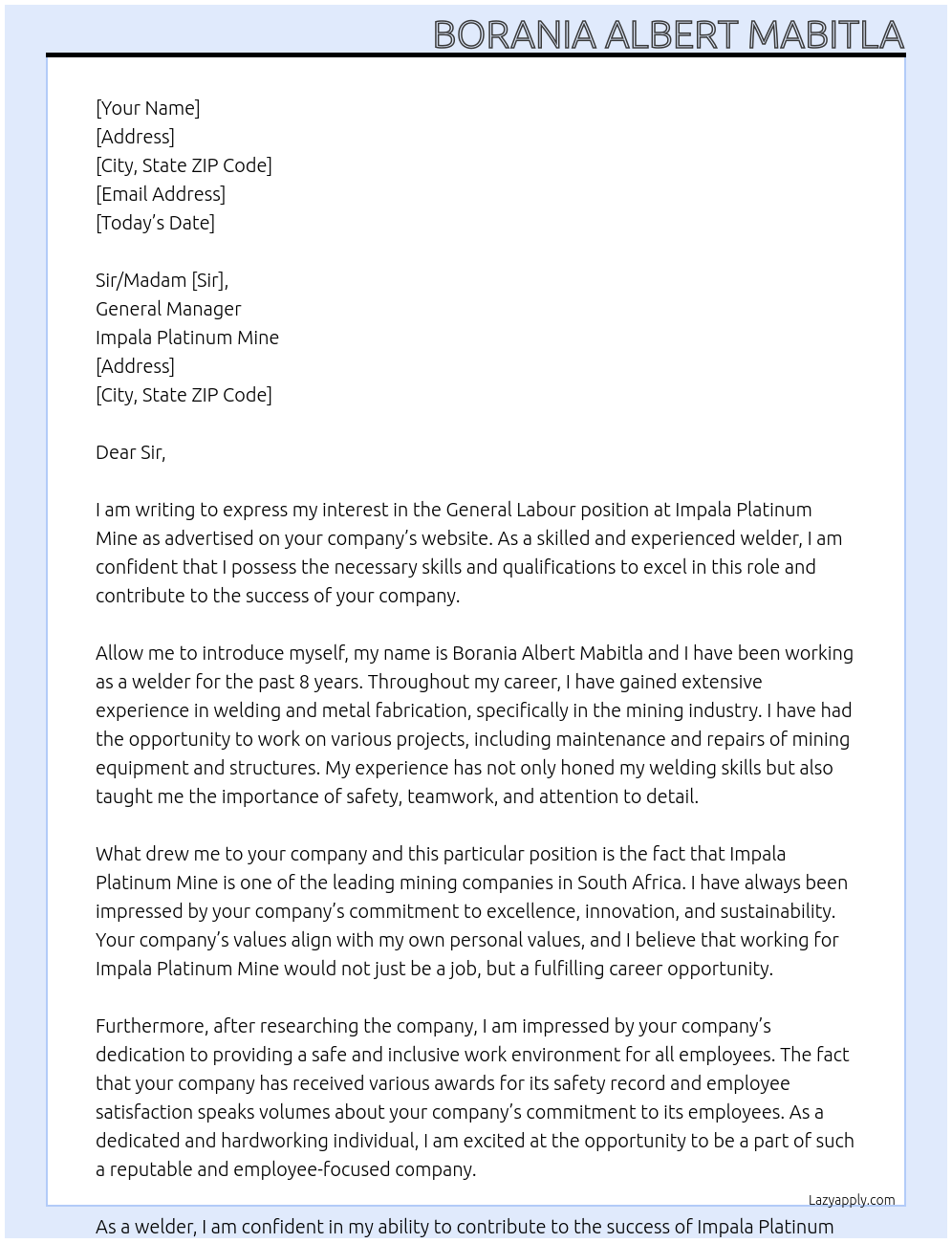 General Labour At Impala platinum mine Cover Letter