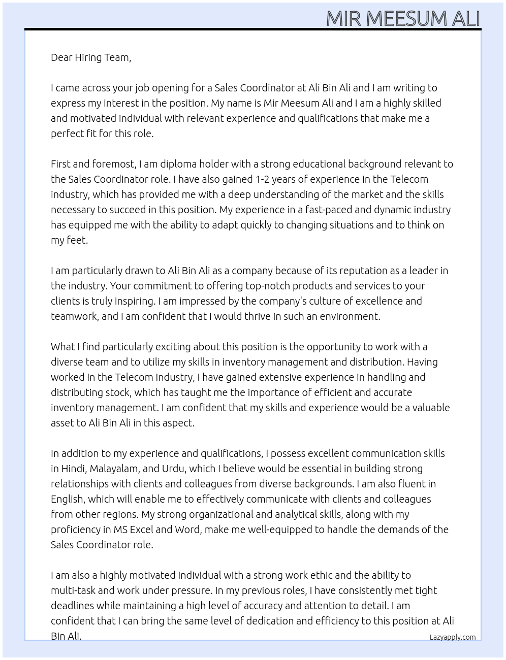 Sales Coordinator At Ali Bin Ali Cover Letter