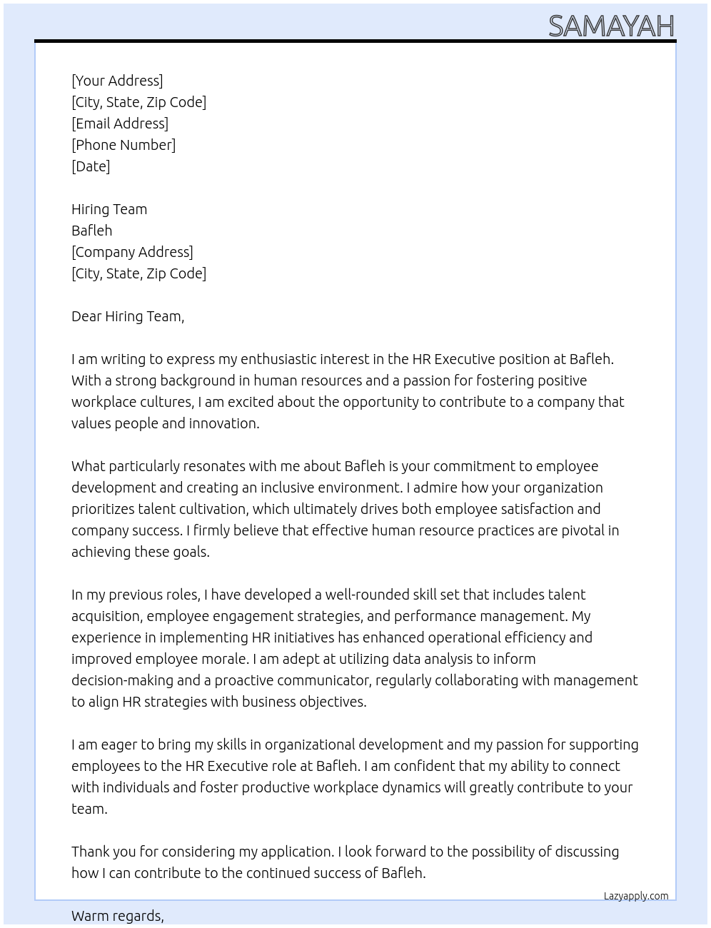 Hr executive At Bafleh Cover Letter