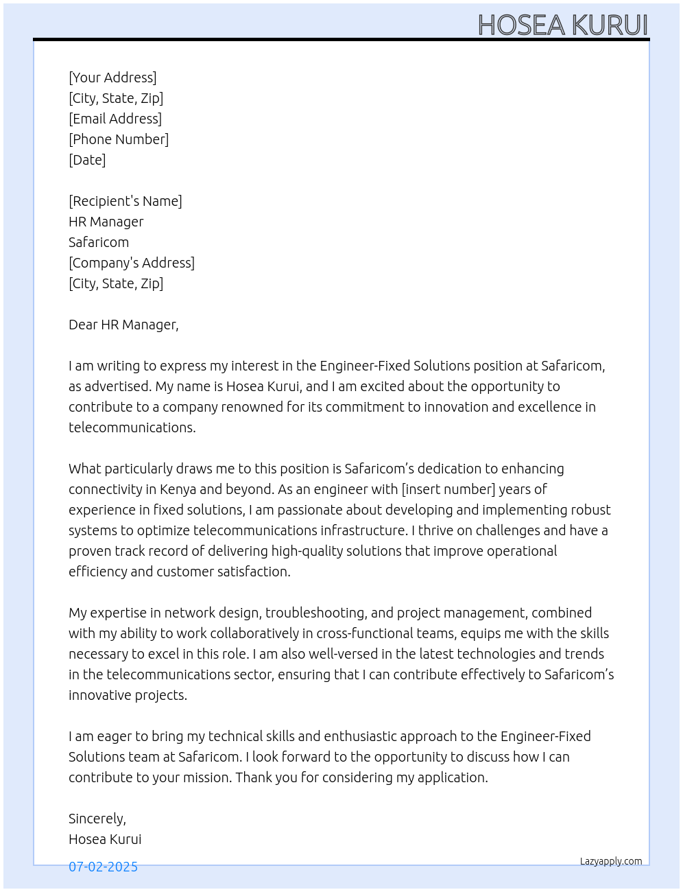 Engineer-Fixed solutions At Safaricom Cover Letter