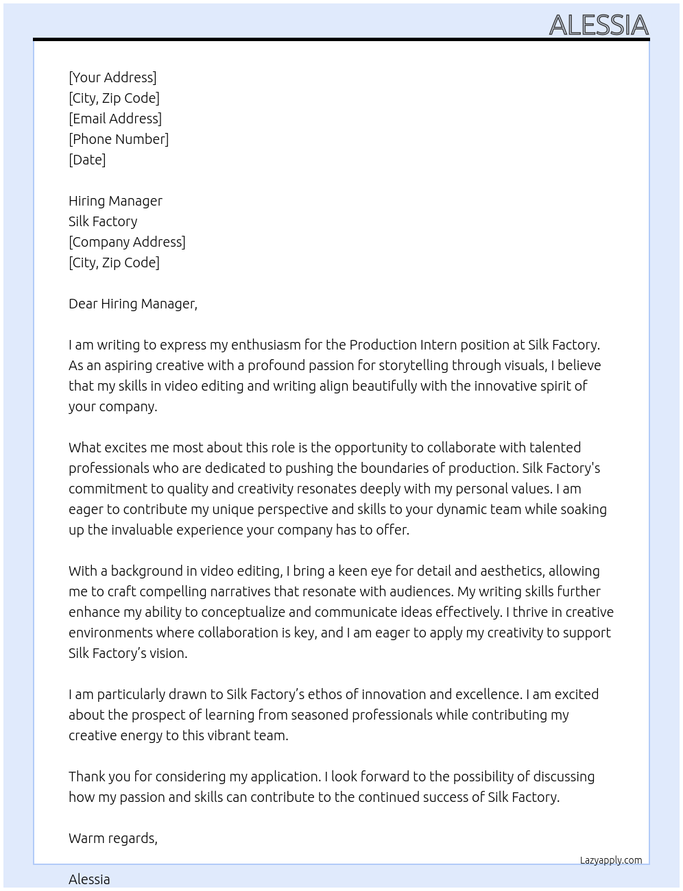 Cover letter for production intern - LazyApply