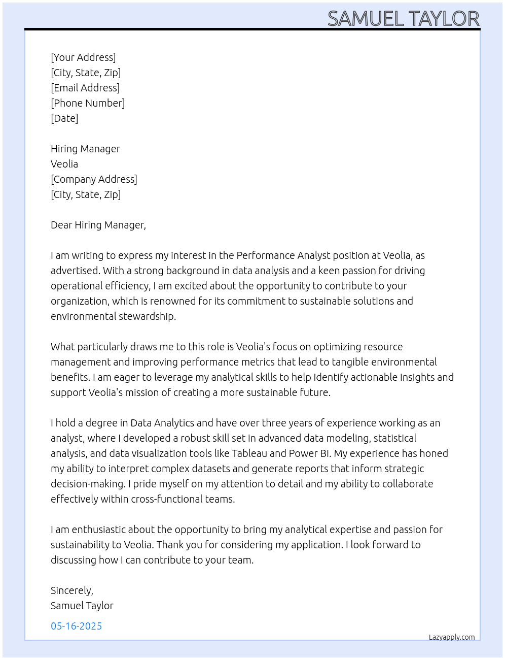 Cover letter for performance analyst - LazyApply