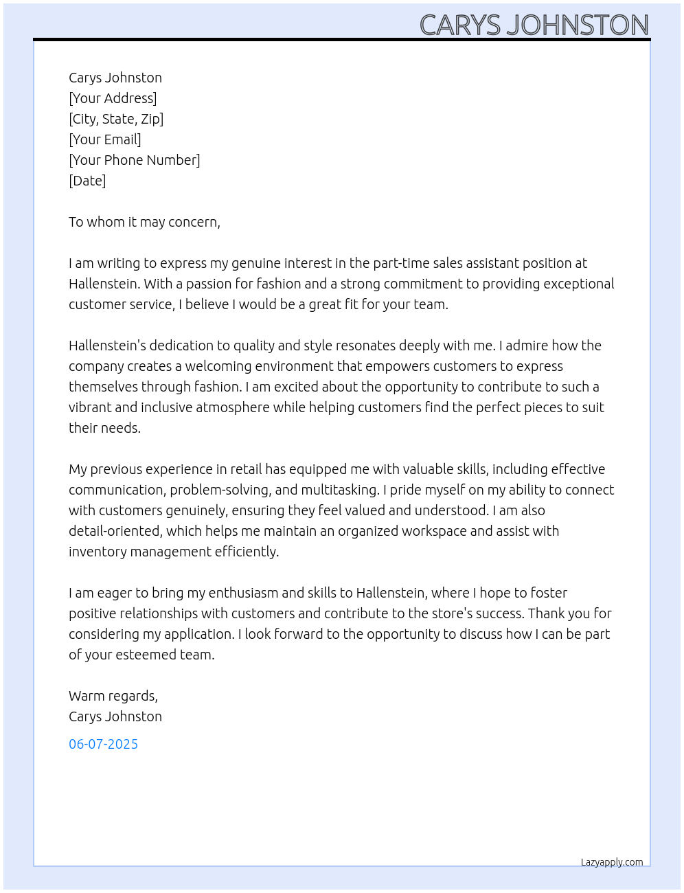 Part time sales assistant At Hallenstein Cover Letter