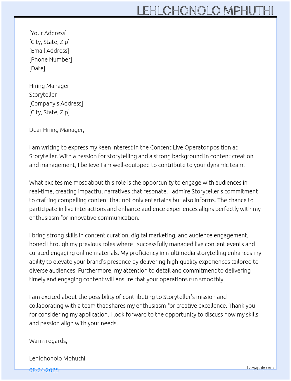Cover letter for content live operator - LazyApply
