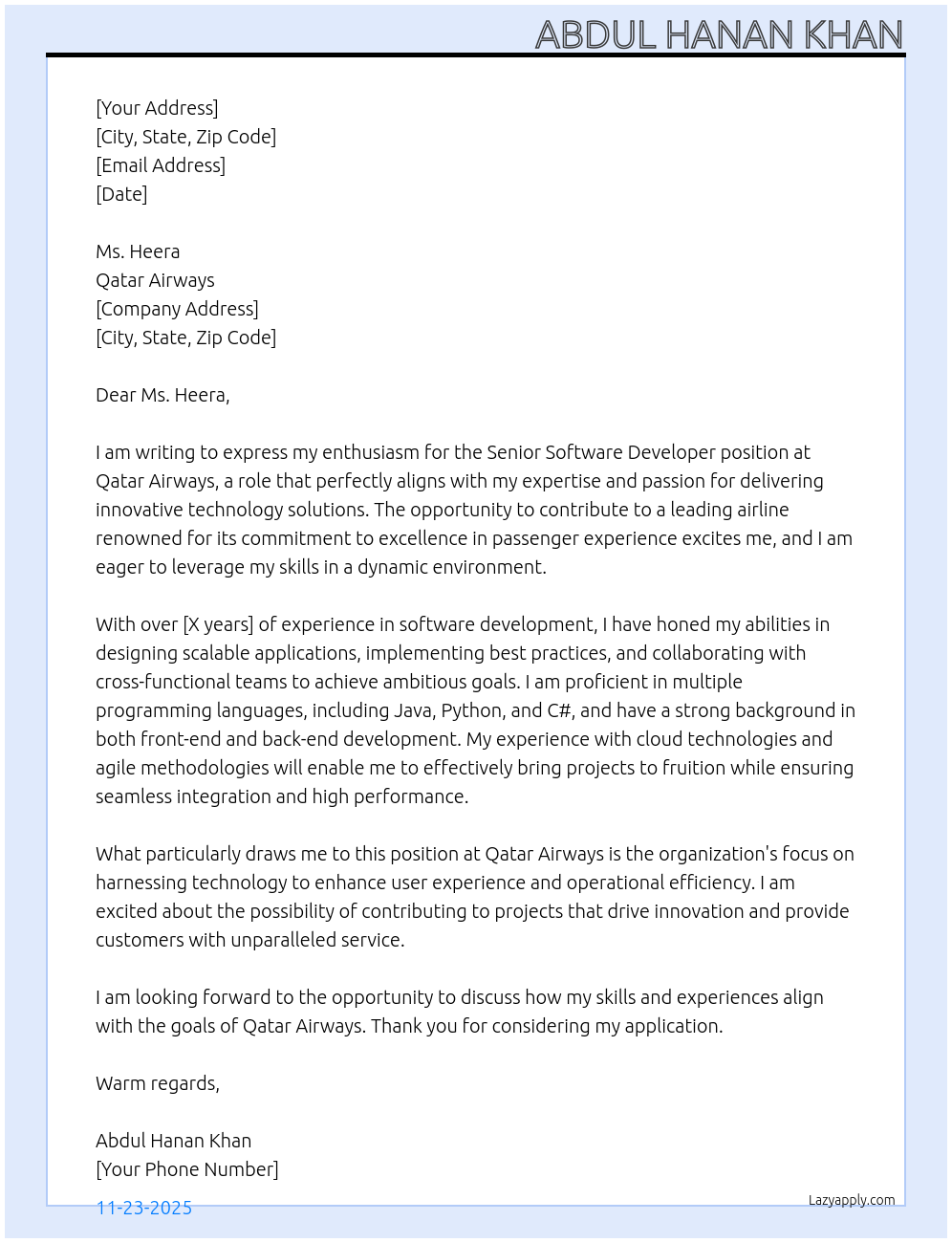 Cover letter for senior software developer - LazyApply