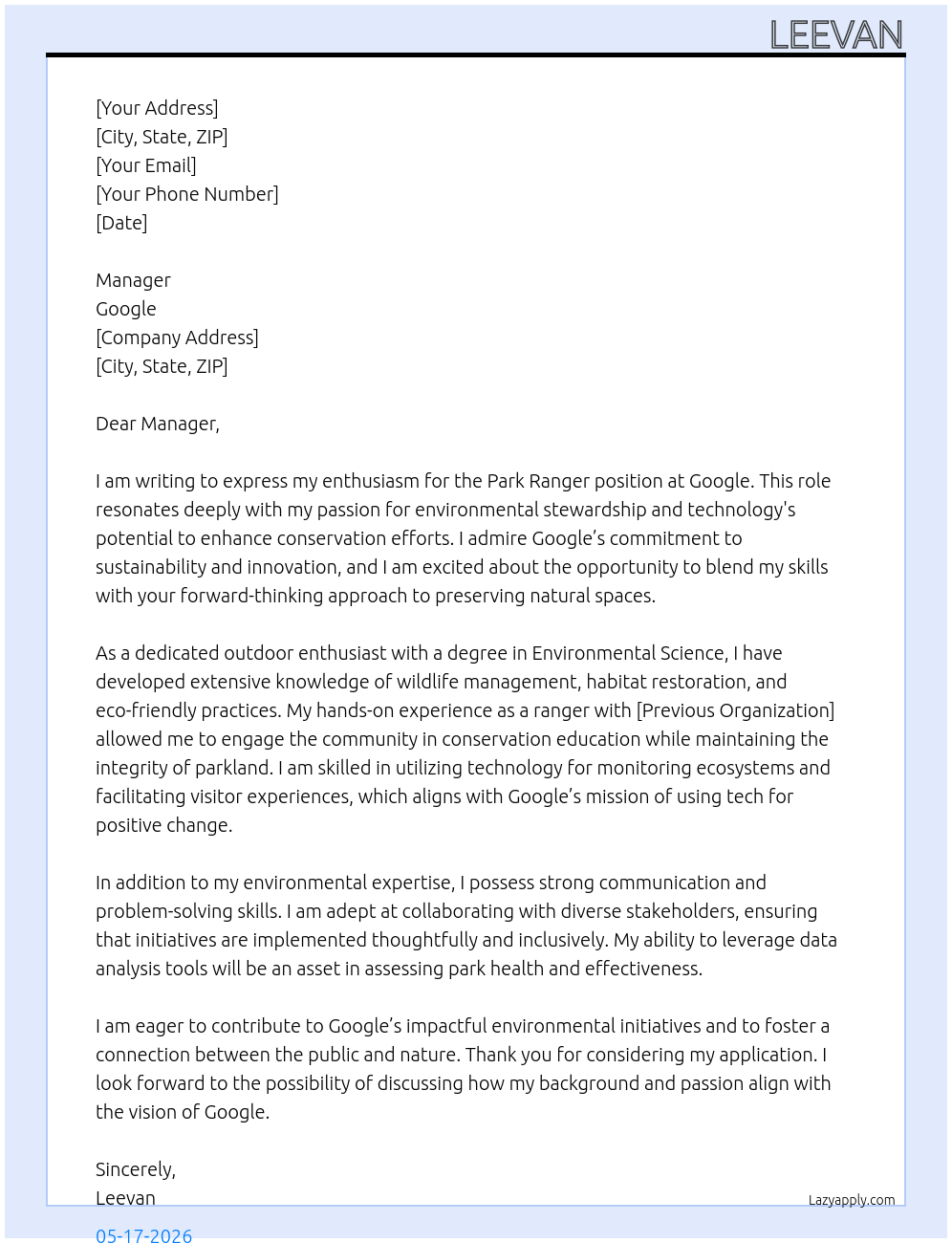park ranger At google Cover Letter