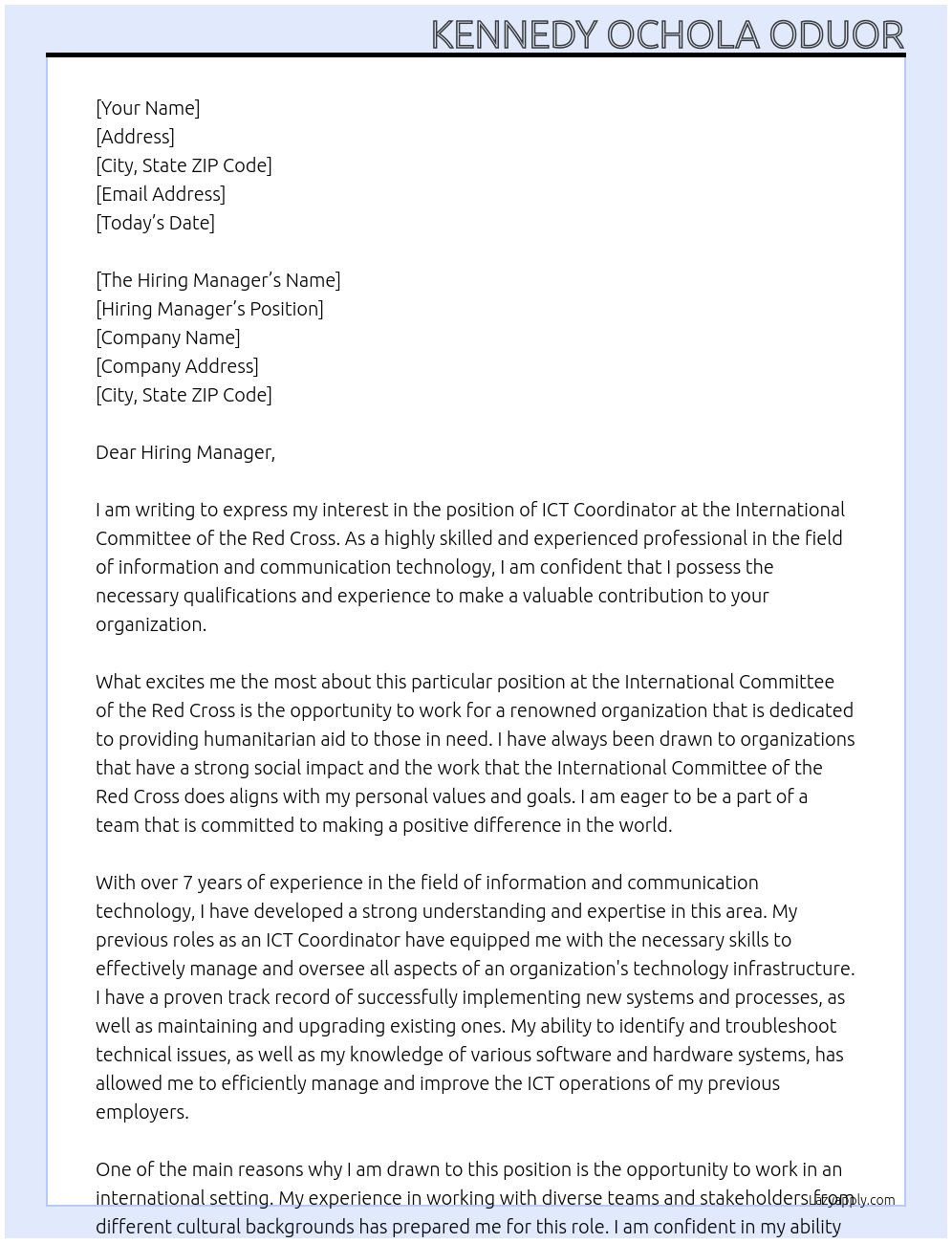 ICT Coordinator At International Committee of the Red Cross Cover Letter