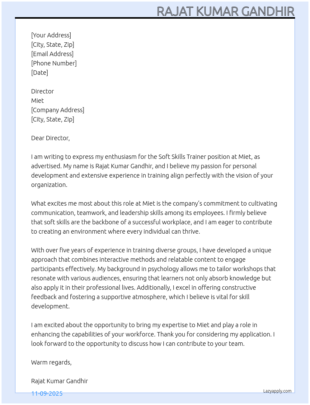 Cover letter for soft skills trainer - LazyApply
