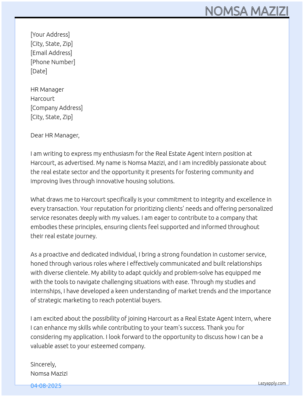 Real estate agent intern At Harcourt  Cover Letter