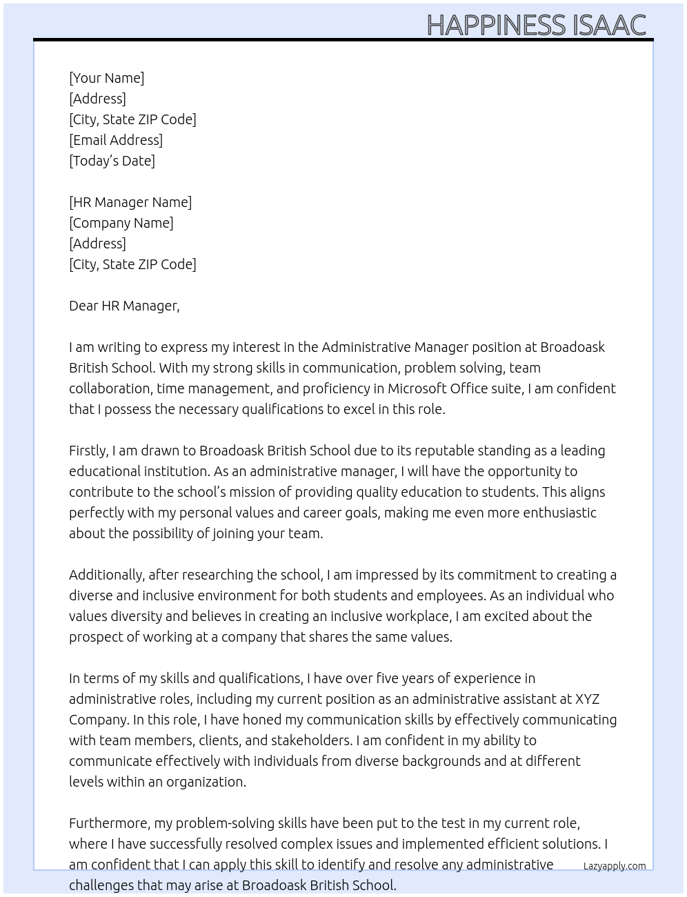 Administrative manager  At Broadoask British school  Cover Letter