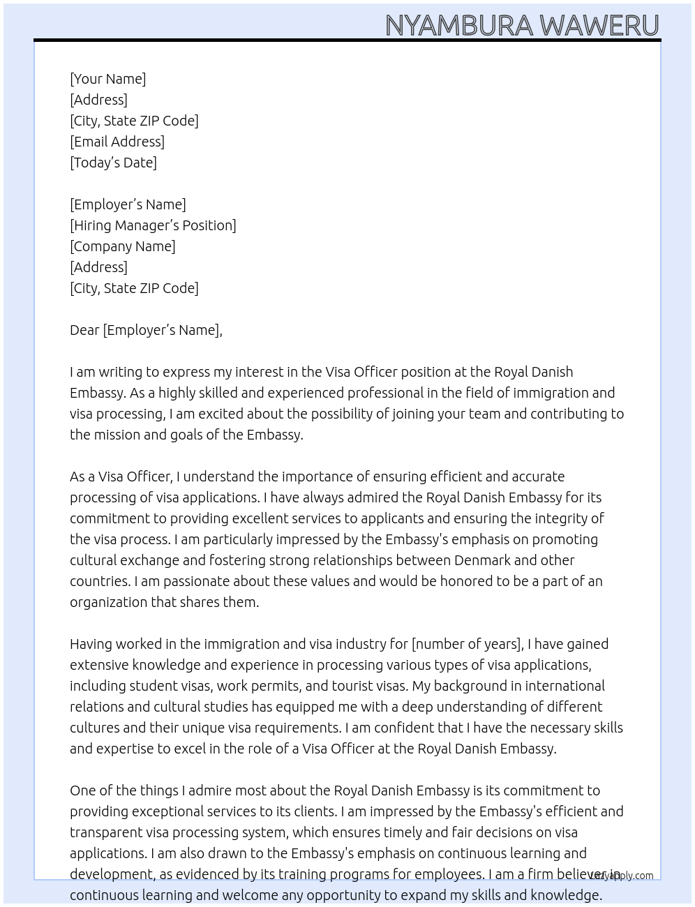 visa officer At Royal Danish Embassy Cover Letter