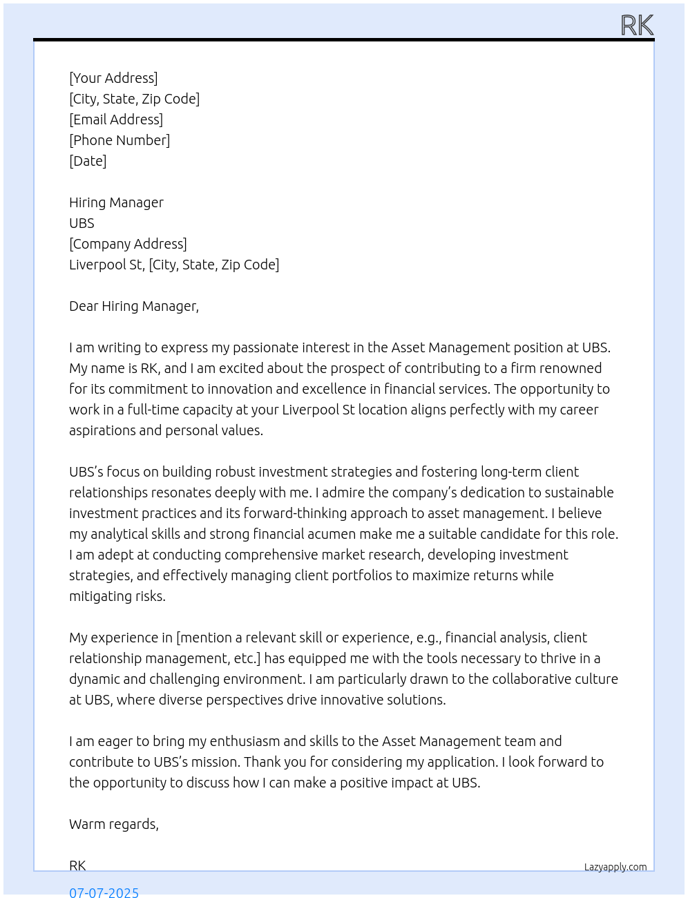 Asset Management At UBS Cover Letter