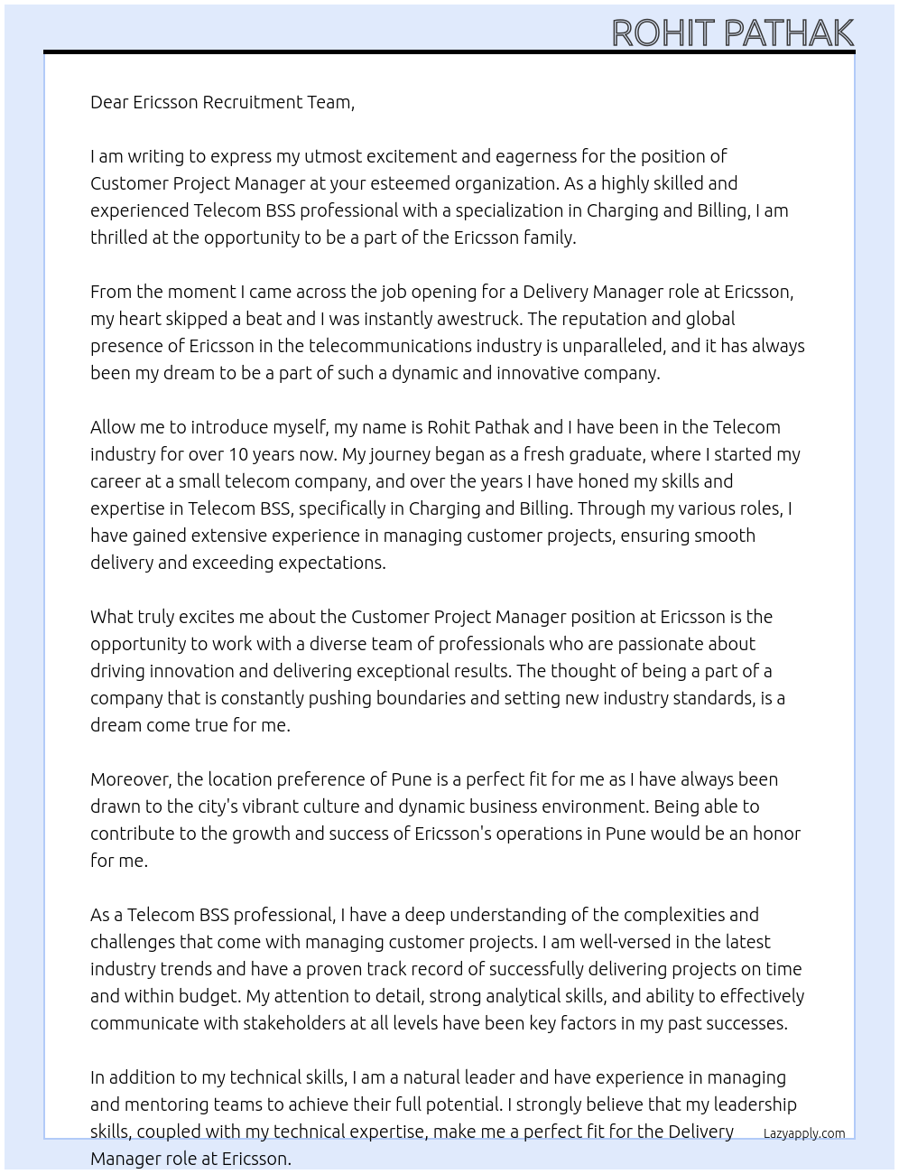 Customer Project Manager At Ericsson Cover Letter