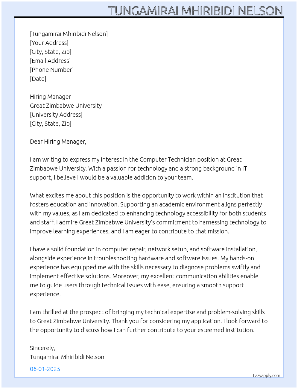 Cover letter for computer technician - LazyApply