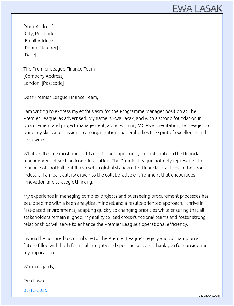 Cover letter for programme manager - LazyApply