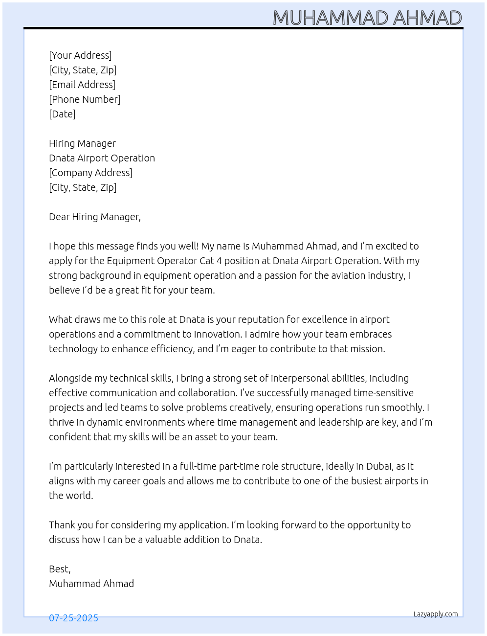 Equipment operator Cat 4 At Dnata airport operation Cover Letter