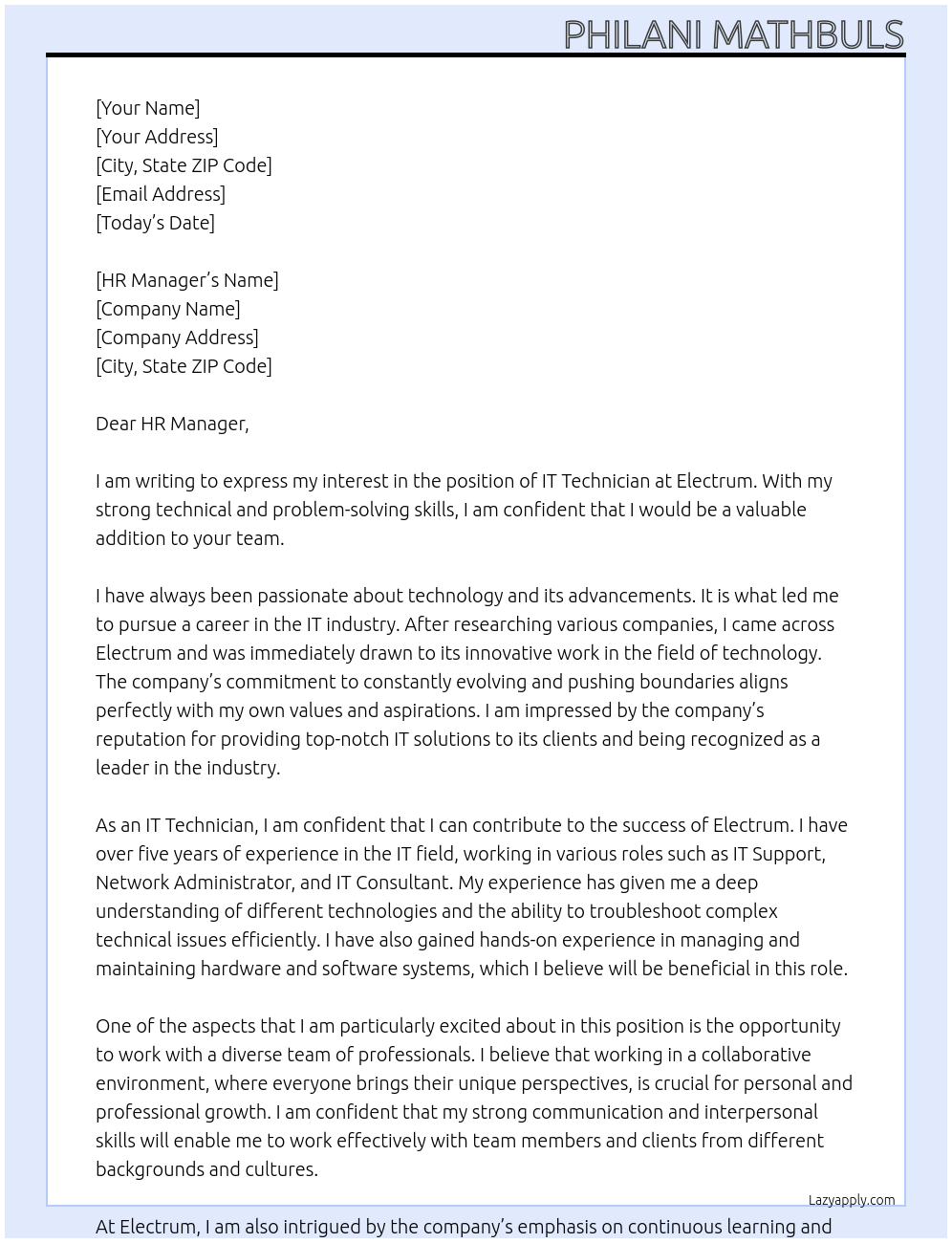 IT Technician At electrum Cover Letter