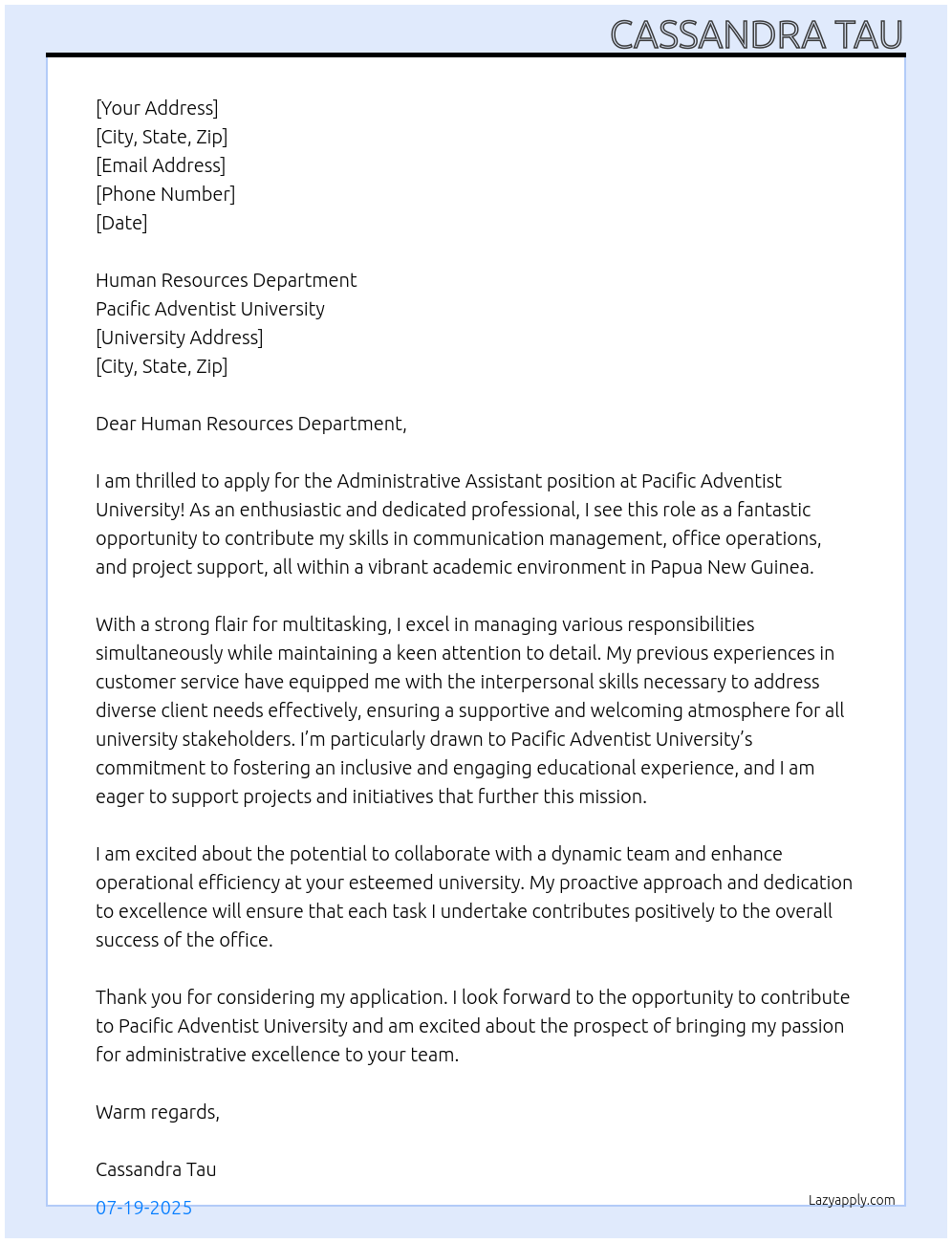 Administrative Assistant At Pacific Adventist University Cover Letter