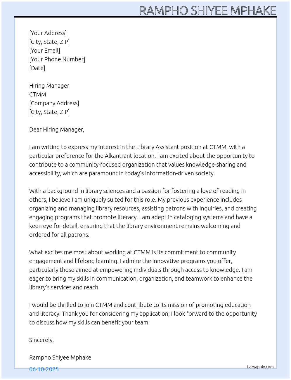 Cover letter for library assistant - LazyApply