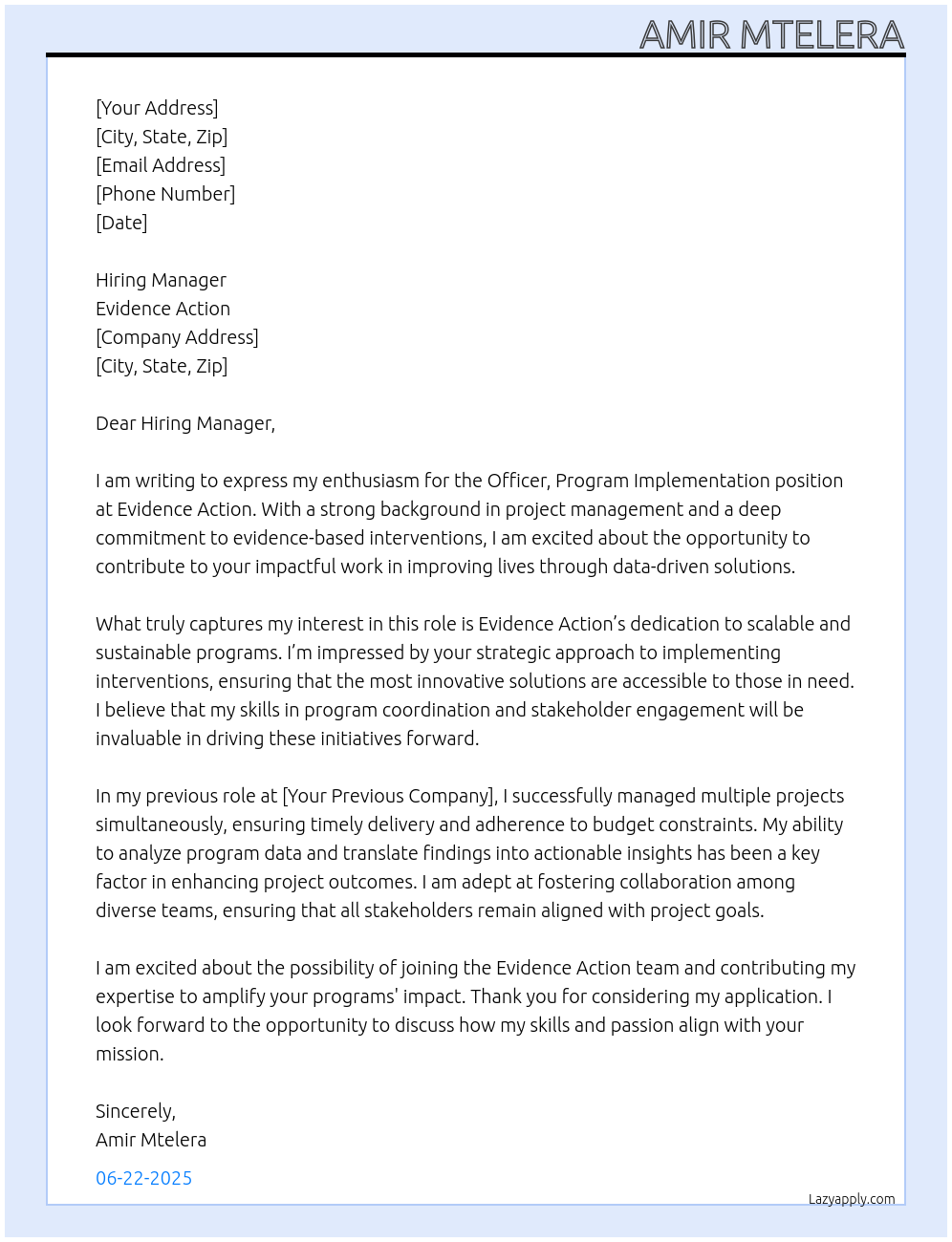 Cover letter for officer, program implementation - LazyApply