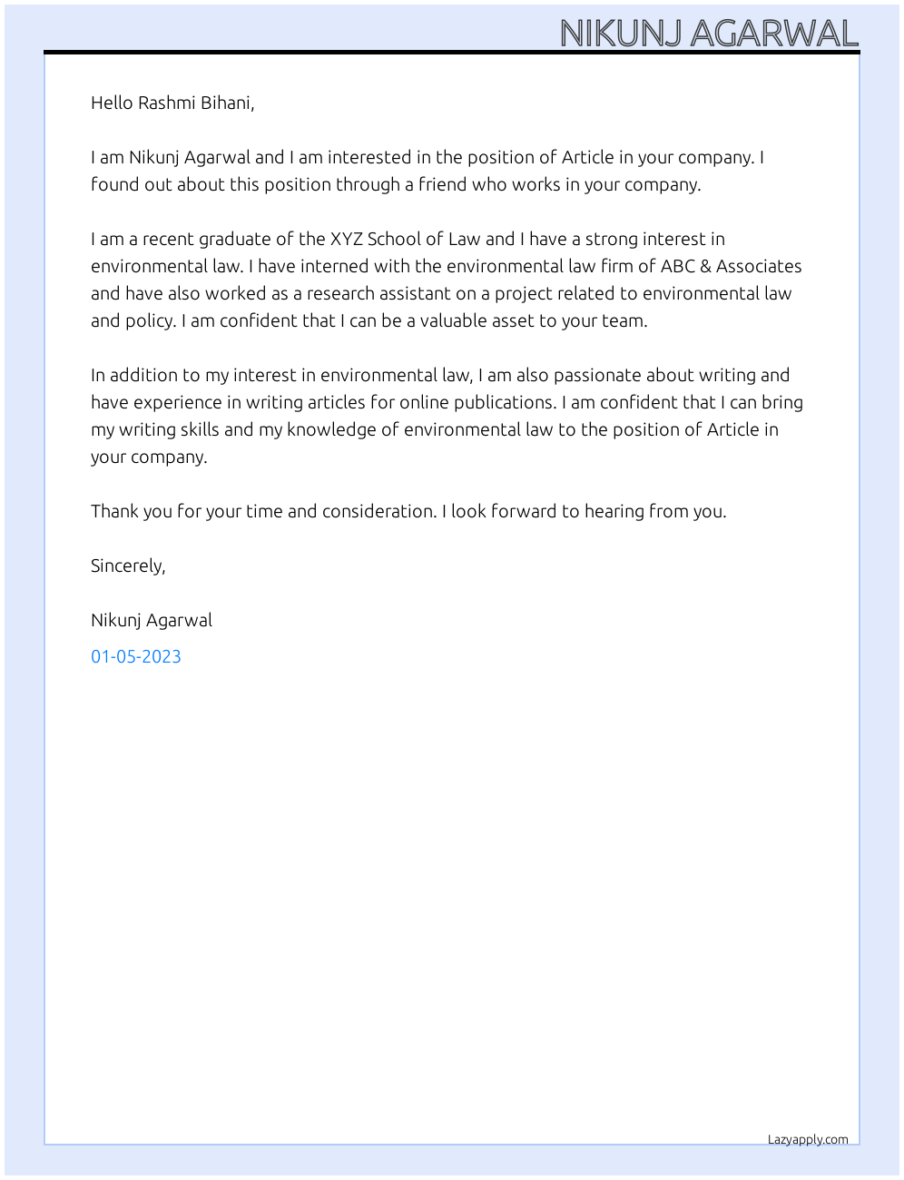 Cover Letter For Bihani Rashmi Co LazyApply