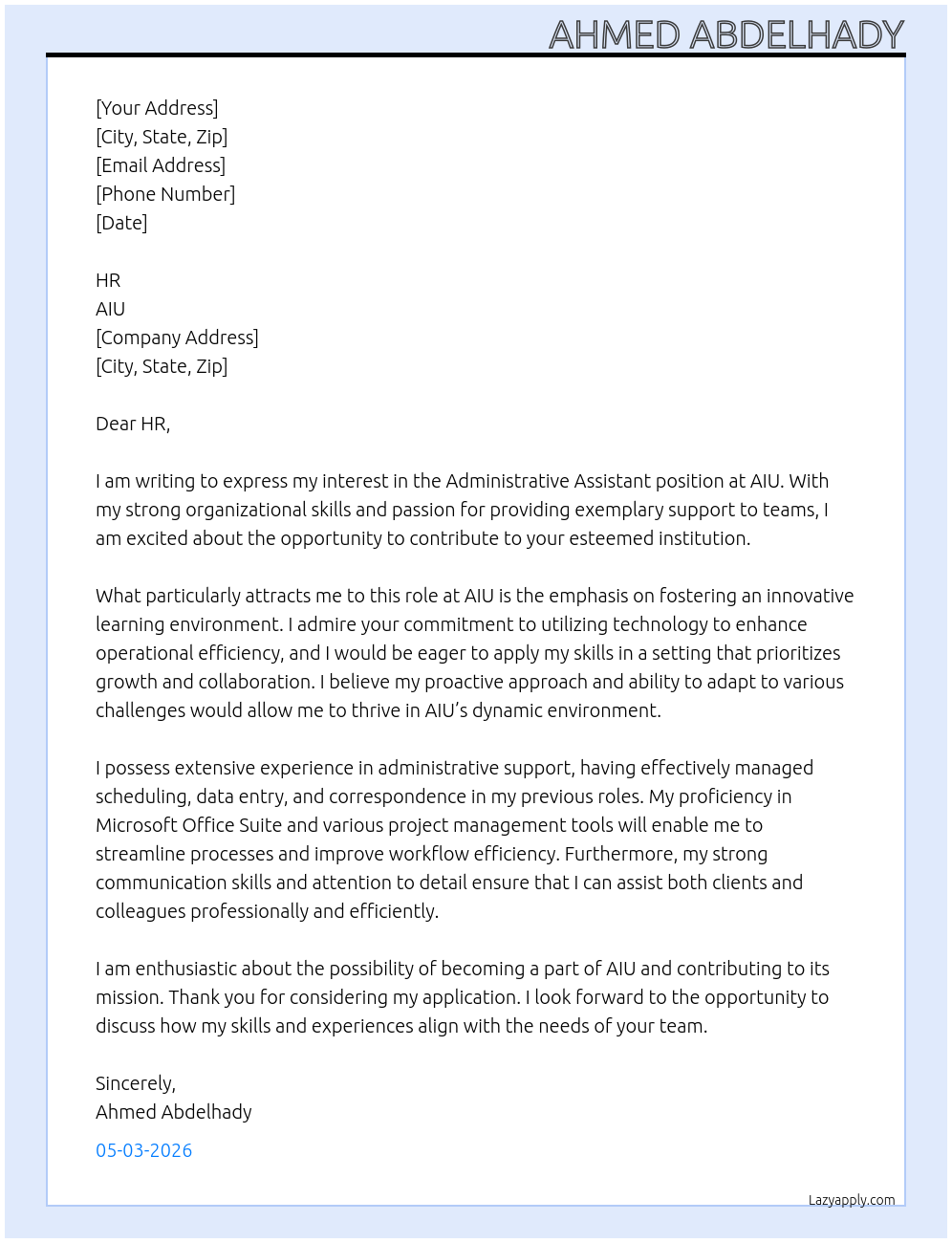 Administrative Assistant At AIU Cover Letter