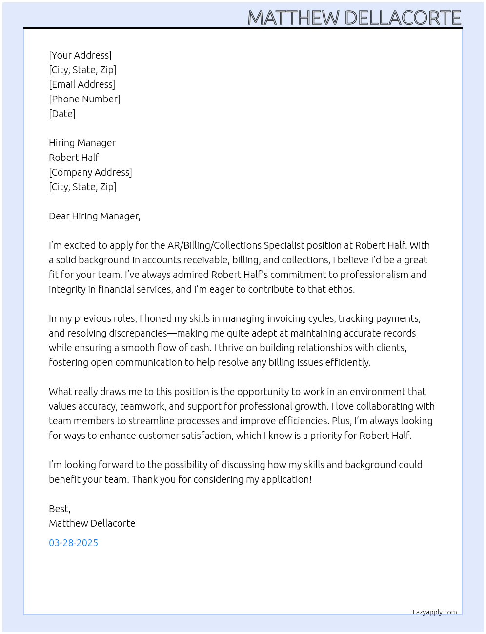 AR/Billing/Collections Specialist At Robert Half Cover Letter