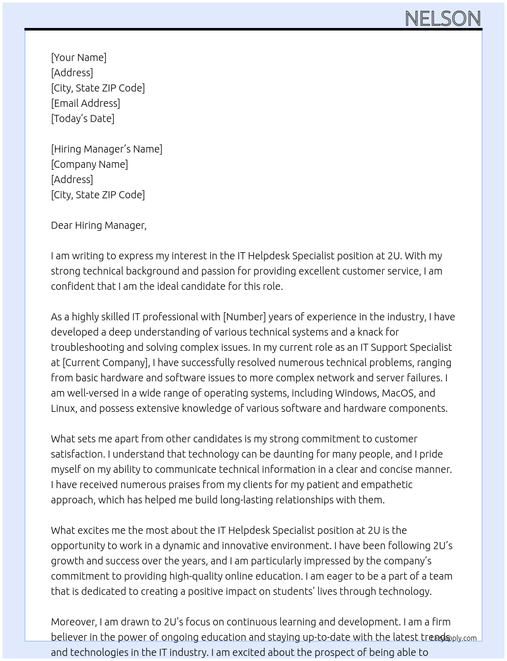 IT Helpdesk Specialist At 2U Cover Letter