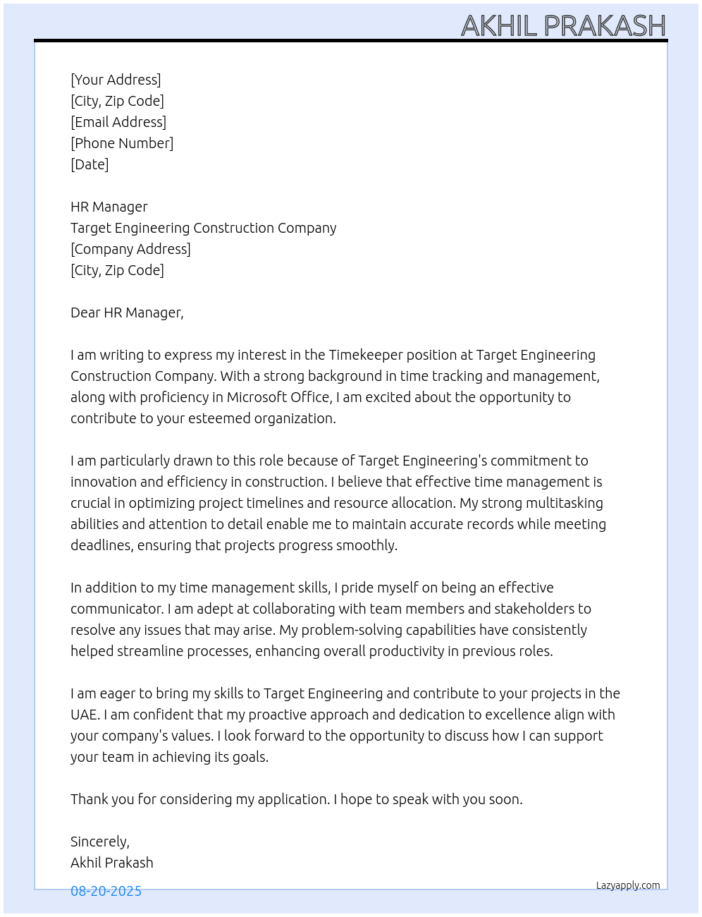 Timekeeper  At Target Engineering Construction Company Cover Letter
