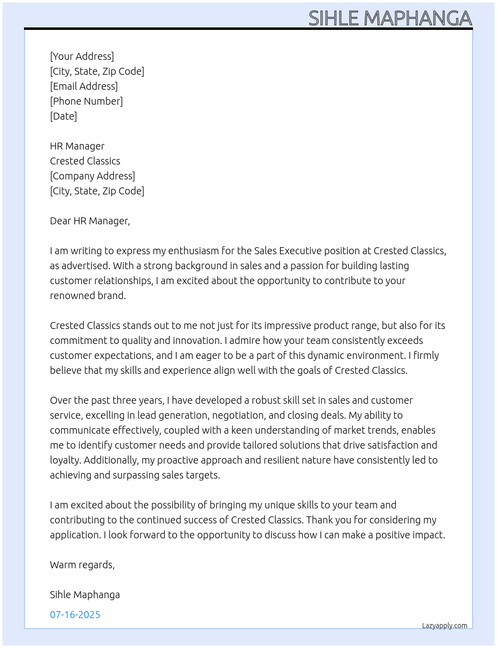 sales executive  At Crested Classics Cover Letter