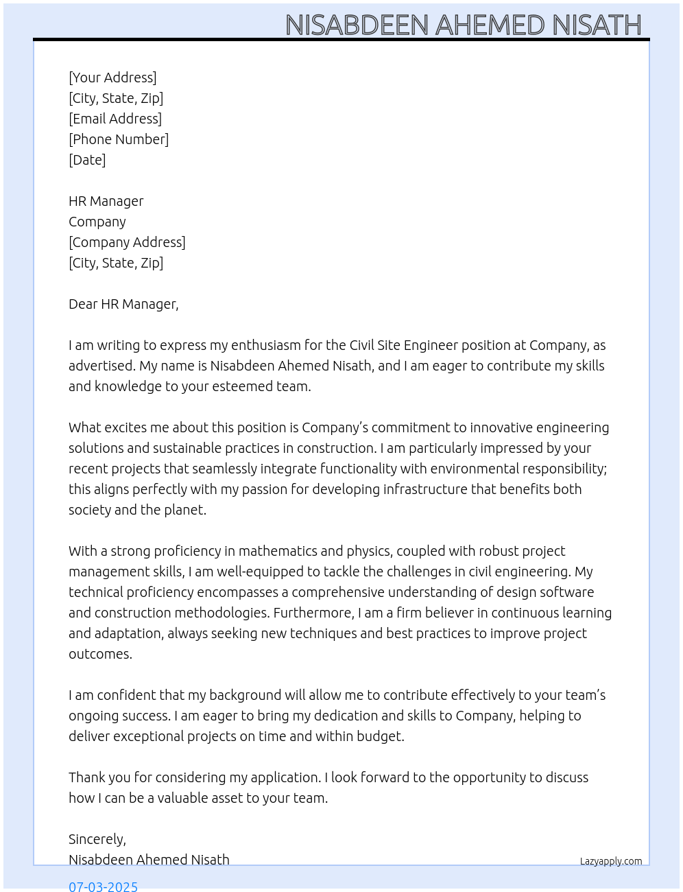 Cover letter for civil site engineer - LazyApply
