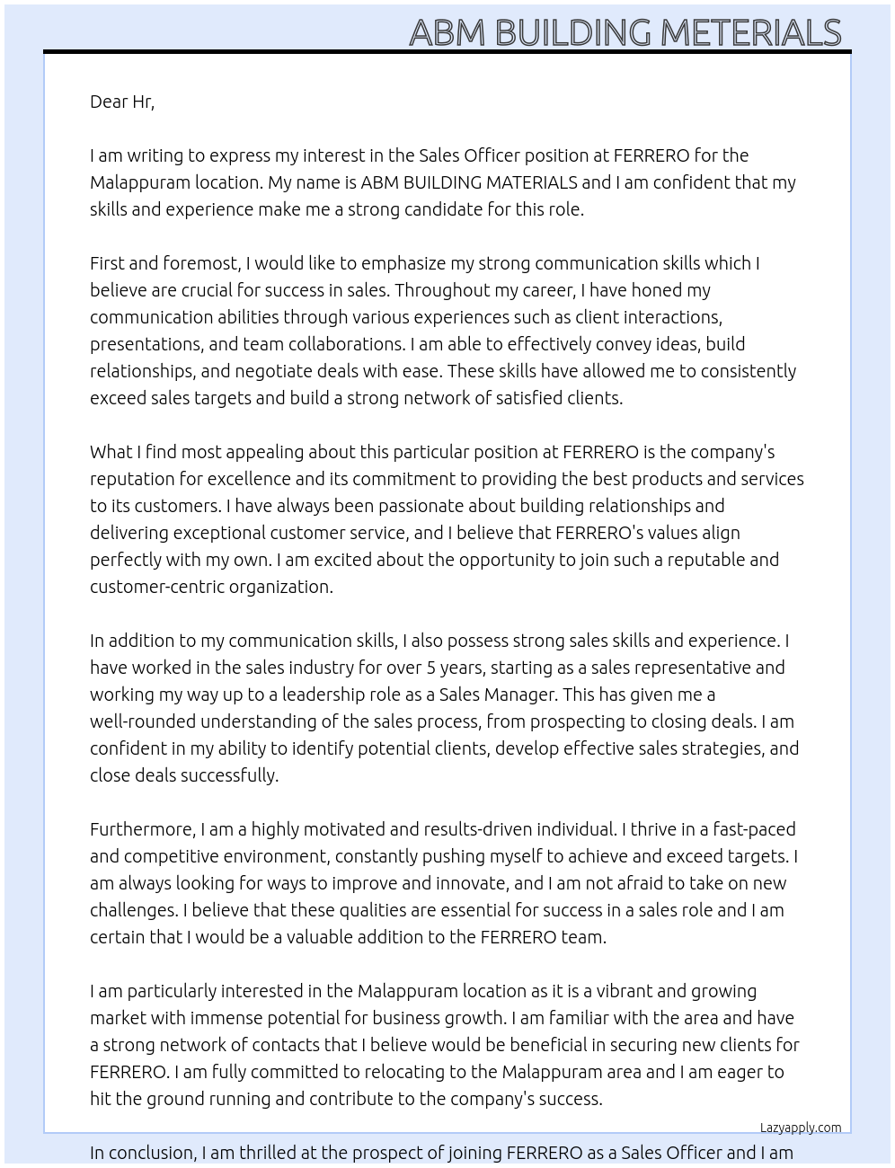 Sales officer At FERRERO Cover Letter