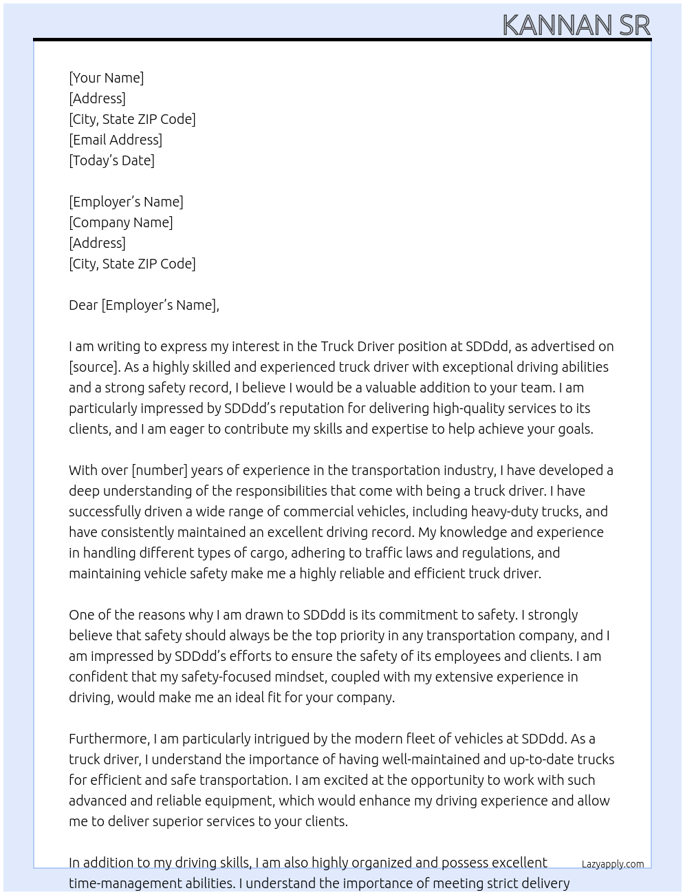 Truck driver At SDDdd Cover Letter