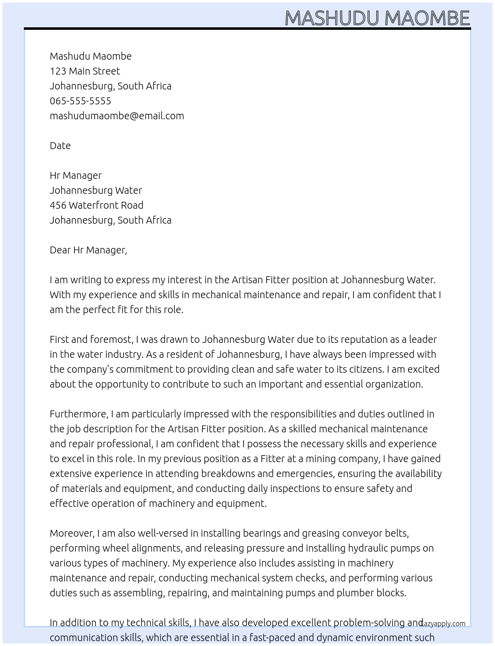 Artisan Fitter  At Johannesburg Water Cover Letter