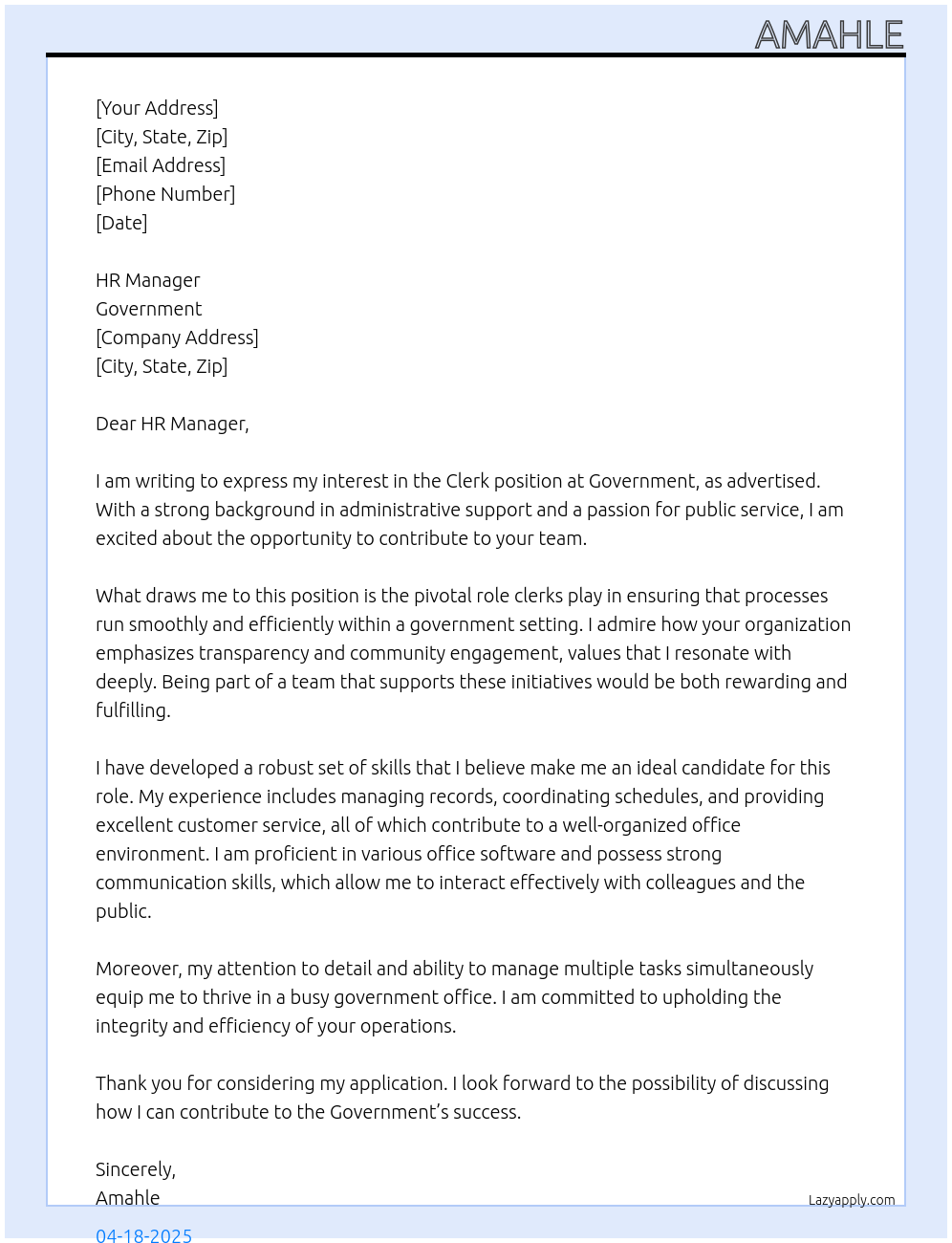 CLERK At GOVERNMENT Cover Letter